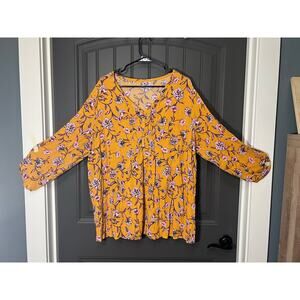 Terra and Sky Yellow Floral Long Sleeve Top Size 3x
